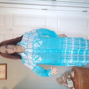 Multiples,S,turquoise semi sheer Relaxed Lounging button down shirt dress